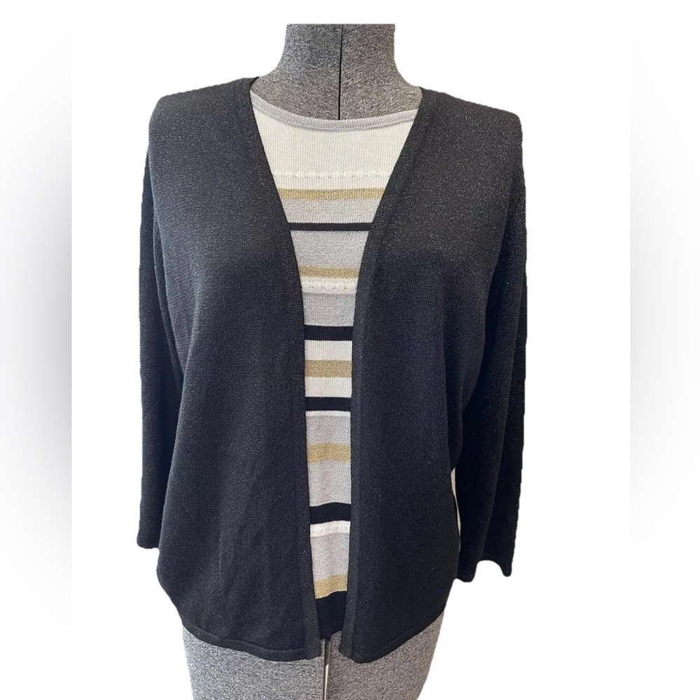 🆕Alfred Dunner ladies petite Med Faux twin set metallic glitter black/white NWT